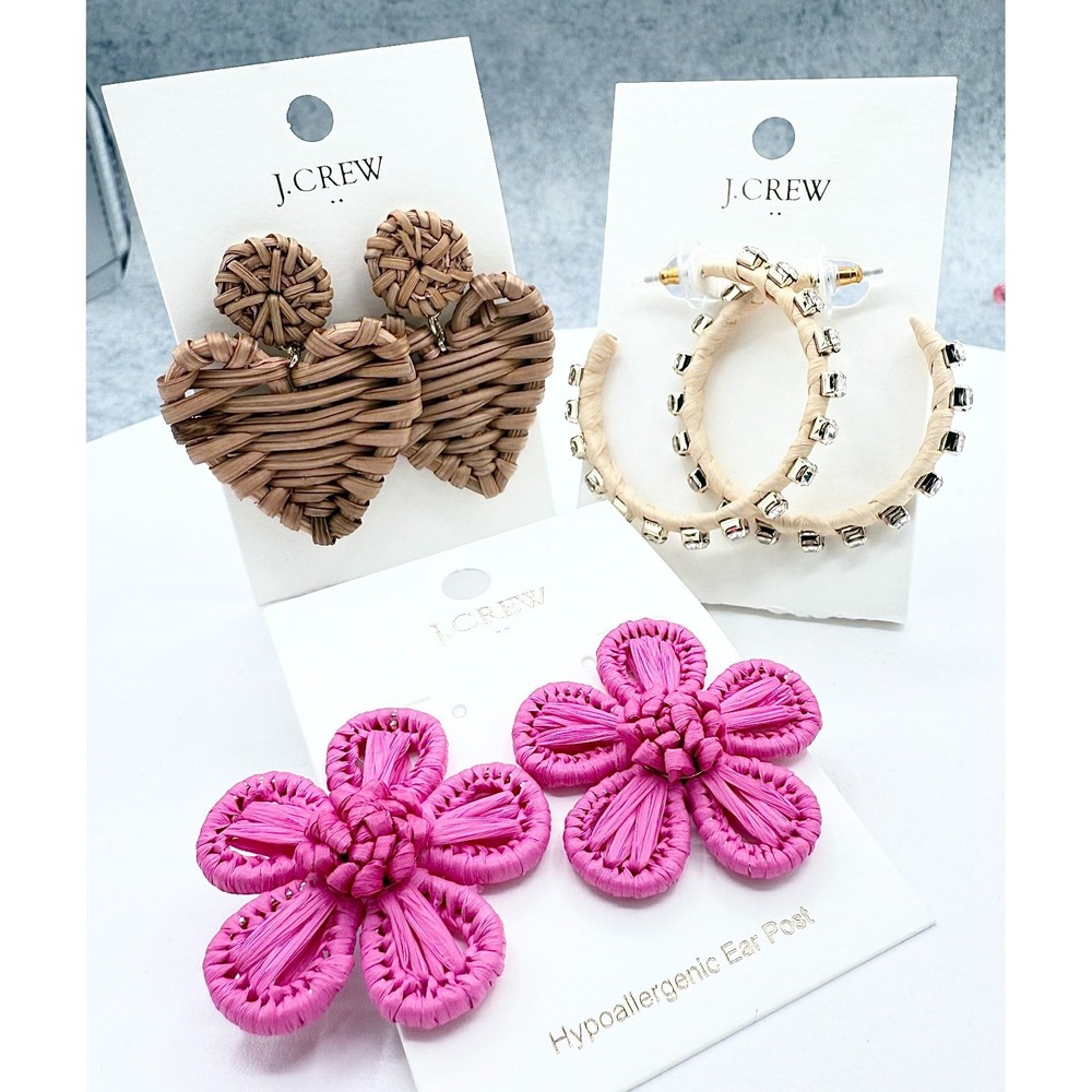 NWT J Crew Statement Earrings Bundle Lot 3 Raffia Hearts Pink Flower Hoops